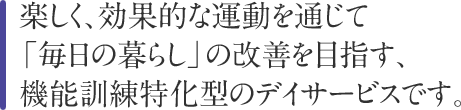 楽しく、効果的な運動を通じて「毎日の暮らし」の改善を目指す、機能訓練特化型のデイサービスです。