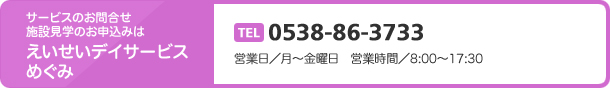 サービスのお問合せ施設見学のお申込みはえいせいデイサービスめぐみ　TEL0538-86-3733　営業日／月～金曜日　営業時間／8:30～17:30